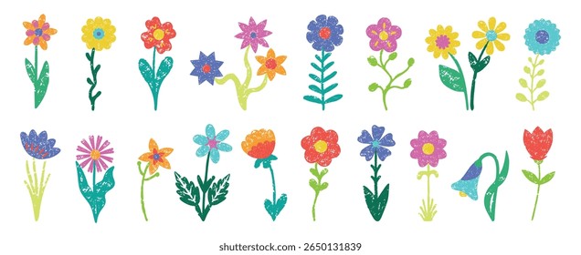 Kids crayon flowers drawing. Simple vibrant hand drawn flower with leaves. Isolated bouquet pencil draw, childish style abstract neoteric vector elements