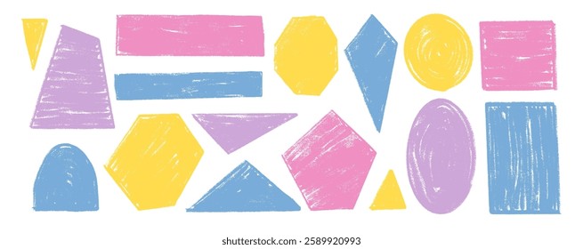 Kids crayon geometric shapes set. Text boxes pastel chalk textured frames. Rounded and square childish figures. Vector hand drawn quotation stickers shapes. grunge geometry callout design.