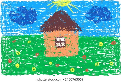Kids crayon paint with house and garden
