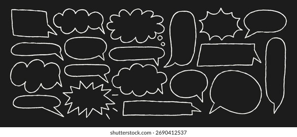 Crianças Crayon Speech Bubble Frame formas diferentes. Caixa de Texto Desenhada à Mão Vetorial no Quadro Negro. Balão de conversa de lápis de giz em estilo retrô cômico. Bate-papo da caixa de diálogo Desenhar