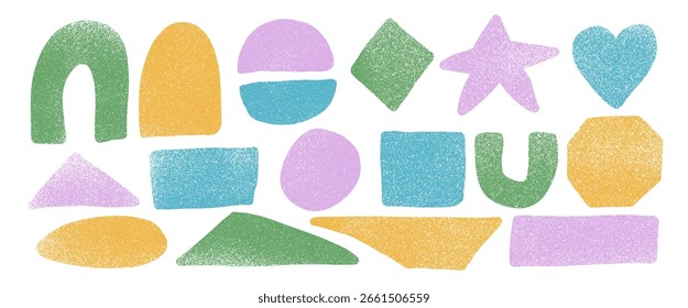 Kids crayon textured geometric elements set. Text boxes frames. Oval, arch and star kindergarten figures. Vector hand drawn quotation triangles stickers shapes. Grainy textured shapes illustration.