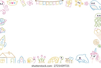 Kids crayons drawing background. Hand drawn children doodles. Background with cute child illustrations in style crayons, chalk, scribbles, pencills.