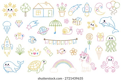 Kids crayons drawing set. Hand drawn children doodles. Cute child illustrations in style crayons, chalk, scribbles, pencills.