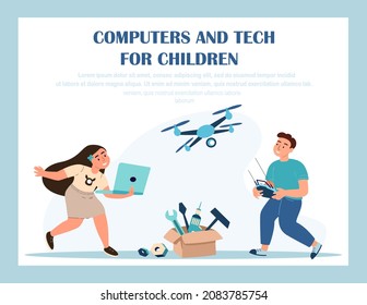 Kids Create Invention. School Robotics Class. Computers and Tech Landing Page Template. Children with Remote Control Presenting Flying Robot or Quadcopter ,Innovation. Cartoon Flat Vector Illustration