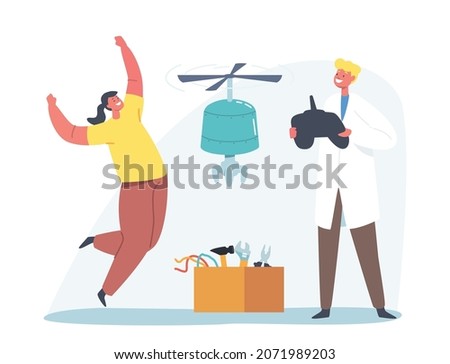 Kids Create Invention. School Robotics Class Project. Children with Remote Control Presenting Flying Robot. Childhood Activity, Education, Innovation Concept Cartoon Vector Illustration