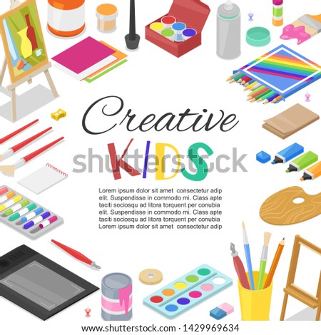 Kids created art, education, creativity class concept. Vector banner, poster or frame background with lettering, pencil, brush, paints and watercolor creative art supplies.