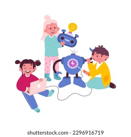 Kids creating robot Hobby and entertainment vector illustration