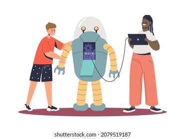 Niños creando robots. Niña y niña haciendo tecnología robótica programando invento futurista moderno. Concepto de construcción mecánica y de niños. Dibujo vectorial plano de dibujos animados