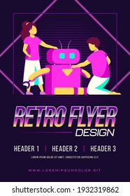 Kids creating or using robot. Dog, pet feeding machine, children. Flat vector illustration. Robotics, engineering, education concept for banner, website design or landing web page