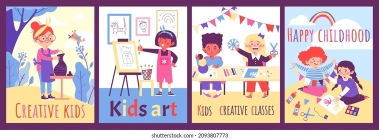 Kids Creative And Art Classes, Crafting Activity Banners Collection. Banners For Children Preschool Education And Extracurricular Activities, Flat Vector Illustration.