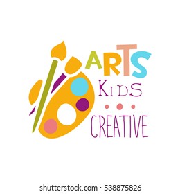 Kids Creative Class Template Promotional Logo With Palette And Paintbrush, Symbols Of Art And Creativity