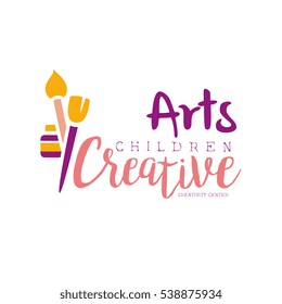 Kids Creative Class Template Promotional Logo With Paintbrushes And Paint Bottle, Symbols Of Art and Creativity
