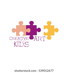 Kids Creative Class Template Promotional Logo With Puzzle Pieces, Symbols Of Art and Creativity