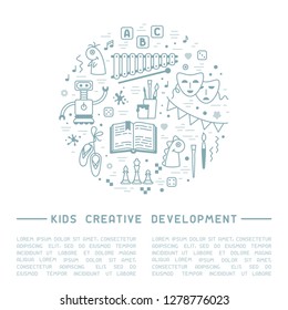 Kids creative development info poster with kids things and sample text. Linear style vector illustration