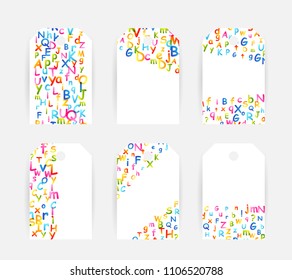 Kids creative education concept. Rainbow alphabet confetti.  Design collection of labels and price tags