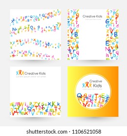 Kids creative education concept. Rainbow alphabet confetti.  Design collection of cards with  round label, curves and banners with border elements.