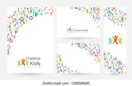 Kids creative education concept. Rainbow alphabet confetti. Design collection of banners, flyers and background with corner decorative elements