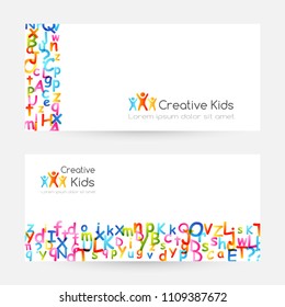 Kids creative education concept. Rainbow alphabet confetti.  Design collection. Horizontal flyers with copy space and border elements.