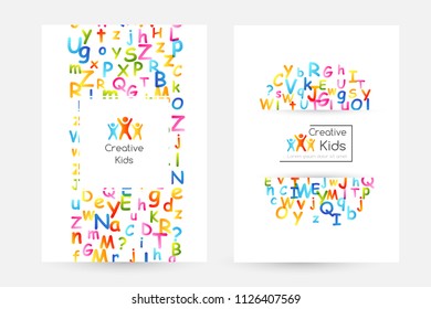 Kids creative education concept. Rainbow alphabet confetti. Design collection. Vertical posters.