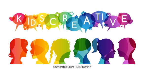 Kids creative education. Conceptual illustration. Vector horizontal banner with childrens silhouettes. Group of boys and girls with rainbow decoration elements.