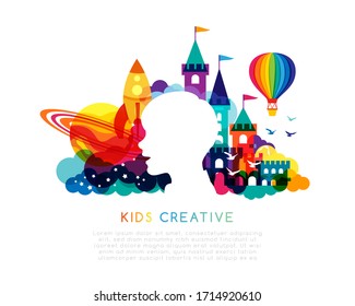 Kids creative education. Conceptual illustration. Boy with fantasy rainbow decoration elements. Vector horizontal colorful emblem with child silhouette.