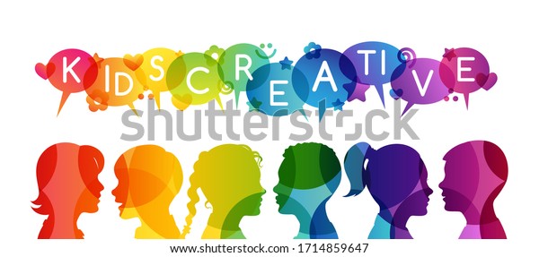 Kids creative education.\
Conceptual illustration. Vector horizontal banner with childrens\
silhouettes. Group of boys and girls with rainbow decoration\
elements.