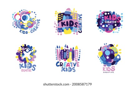 Kids Creative Logo Design Set, Children Creative, Science Class Colorful Labels Cartoon Vector Illustration