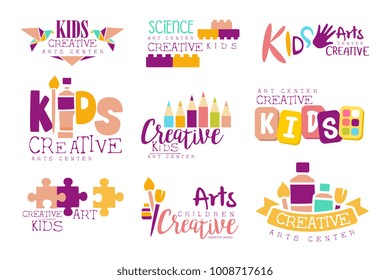 Kids Creative And Science Class Template Promotional Logo Set With Symbols Of Art Creativity, Painting Origami