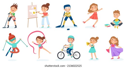 Kids creative and sport hobbies, baby musician, dancer, artist. Reading, painting, sport and dancing hobby vector illustration set. Kindergarten children activities musician hobby activity