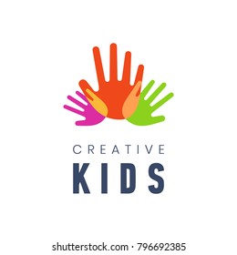 Kids Creative Template Logo Vector Illustration Colorful Hand Palms On White Background. Children Science And Education Class Promo Sign