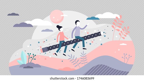 Kids creativity vector illustration. Child imagination flat tiny person concept. Mind and thought flight symbolic visualization. Creativeness and irrational characters as happy childhood element scene