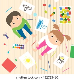 Kids creativity vector illustration. Top view with creative kids. Vector Illustration