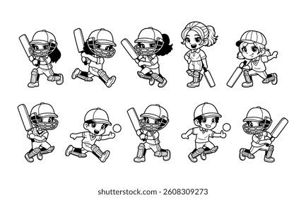 Kids cricket player outline vector illustration set