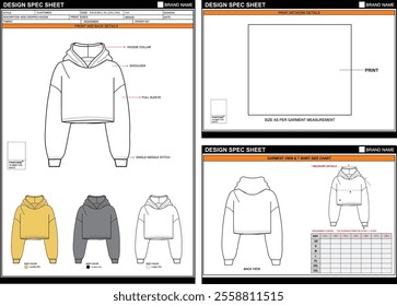 KIDS CROPPED HOODIE EASY EDITABLE EMPTY TECHPACK MEASUREMENT LAYOUT TEMPLATE DESIGN