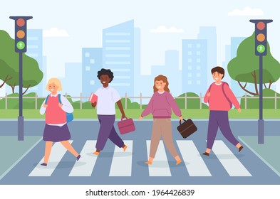 Kids crossing road. Group of student on street crosswalk with traffic light. Children cross pedestrian zebra on way to school vector concept. Teenagers with bags go in uniform to sidewalk