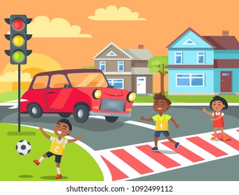 Kids crossing road with red car giving them way while boy is playing with ball on lawn in front of traffic lights vector illustration