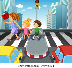 Kids crossing the road at zebra crossing illustration
