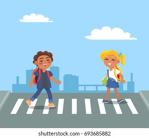 Kids crossing street on pedestrian in urban city vector illustration. Smiling boy and girl with backpacks on crosswalk moving towards each other