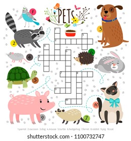 Kids crosswords with pets. Children crossing word search puzzle with pats animals like cat and dog, turtle and hare vector illustration