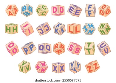 Kids cubes with letters. Babies toys or color font. Learning alphabet. 3D ABC block. Children education. Rotate visual aid. Typography typeset. View angles. Vector