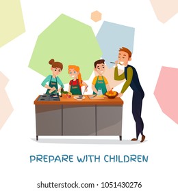 Kids culinary TV show with dishes and ingredients flat vector illustration