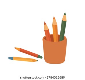 Kids cup with colored pencils isolated on white background. Holder pot for drawing stationery. Vector flat illustration