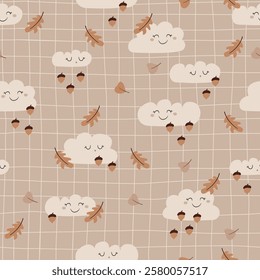 kids cute autumn seamless pattern with clouds, leaves, acorns. Fall vector fabric design. Nursery hand drawn ornament for textile, paper, package.
