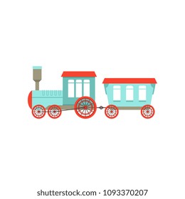 Kids cute cartoon toy passenger train, colorful railroad toy with locomotive vector Illustration on a white background