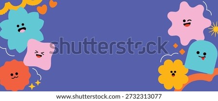 Kids cute character vector background with colorful doodles on purple banner and copyspace. Playful illustration design for headers, posters and social media.