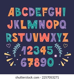 Kids Cute doodle font  Childish festive English alphabet  Letters from A to Z   numbers from 0 to 9 	