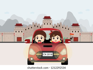 Kids cute driving car to China and the Great Wall of China. flat design