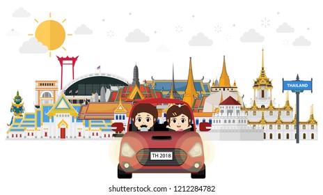 Kids cute driving car to Thailand and landmarks. flat design