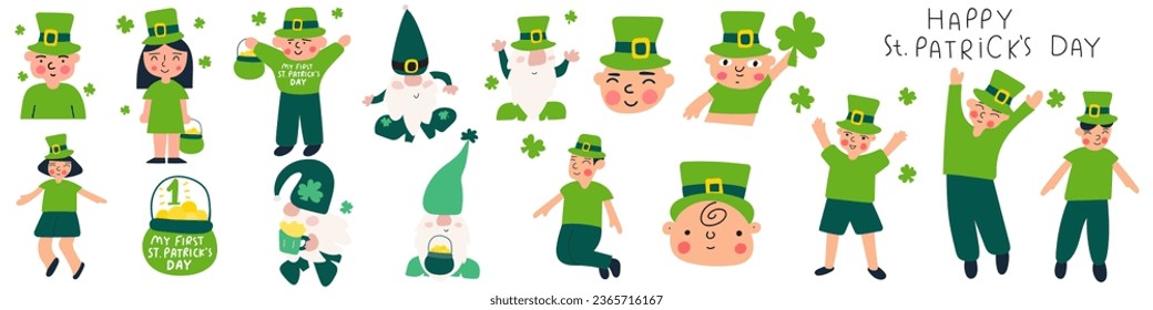 Kids and cute gnomes celebrate St. Patrick's day. Collection hand drawn elements. Vector flat hand drawn illustrations on white background. Children art. Kids design. Cute characters.