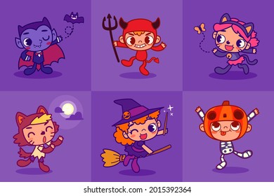 Kids in cute Halloween costume ready for party. Set of funny and cute kids in Halloween mascot costume illustration.